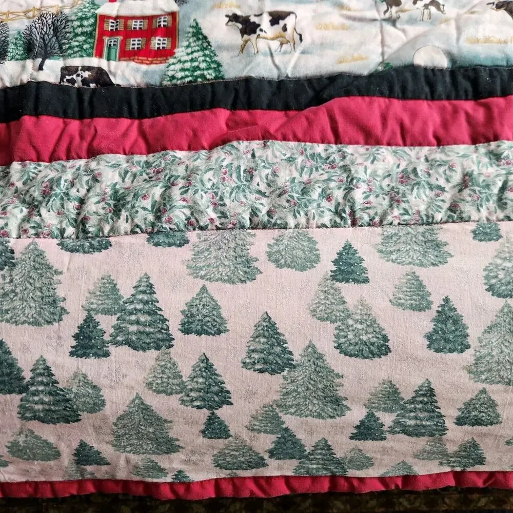 Handmade Christmas Quilt Snowy Farmhouse Red Barn Church Steeple Cows 77x66